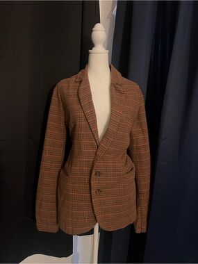 Rude Brown Plaid Blazer Jacket Women's Medium Cotton Career Casual Layering Piec